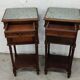 Pair of bedside old marquetry top green marble and bronze decorations