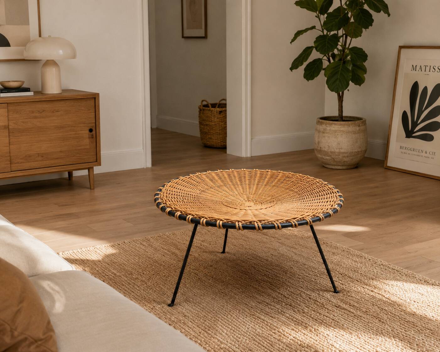 Small vintage tripod stool in woven rattan and black metal, dating from the 1970s.