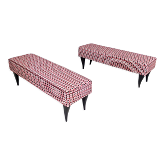 Pair of vintage benches with red patterned fabric upholstery,  italy