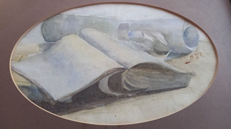 Old painting, handwritten watercolor with pale pink knot