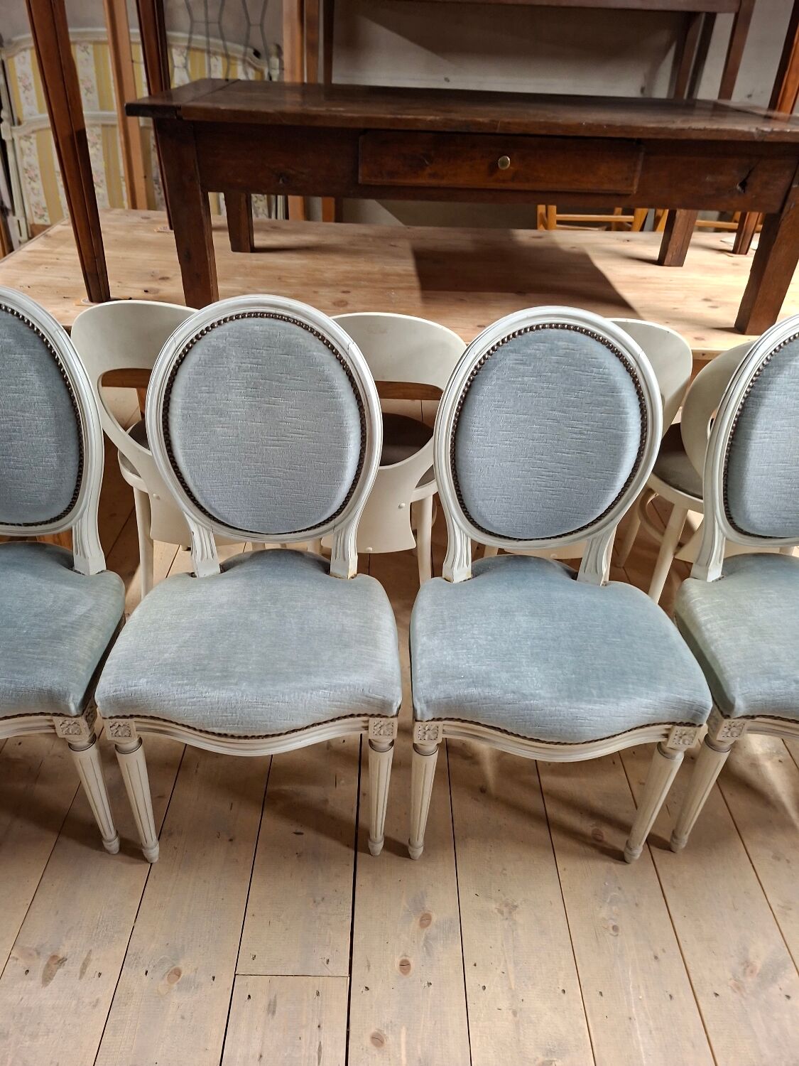Set of 6 Louis XVI style patinated medallion chairs.