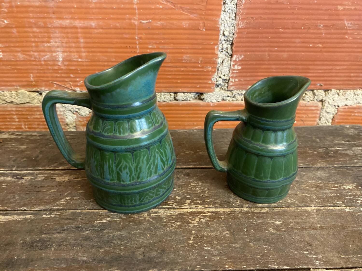 Pair of Vintage 70s Green Glazed Ceramic Barrel-Shaped Jugs