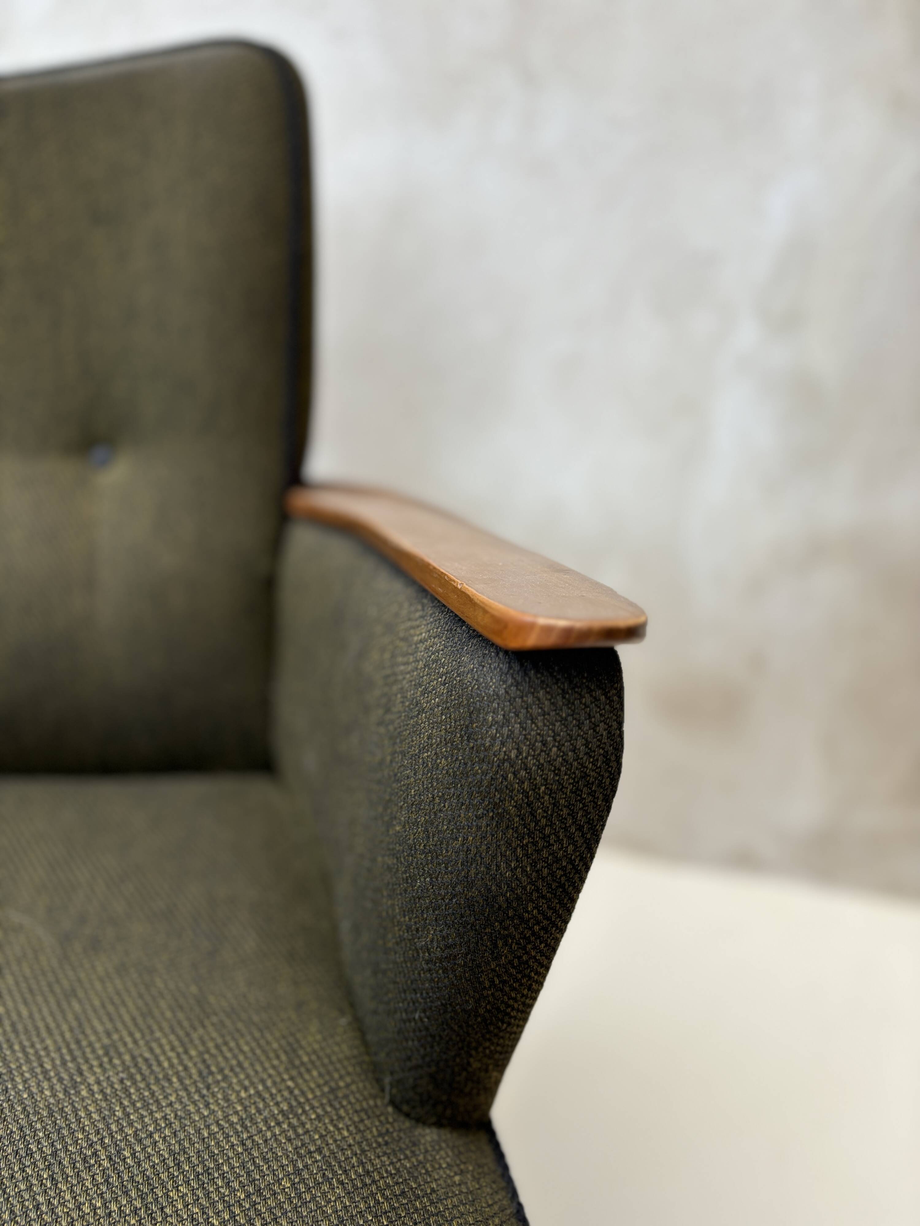 Pair of vintage wooden and fabric armchairs from the 1960s.