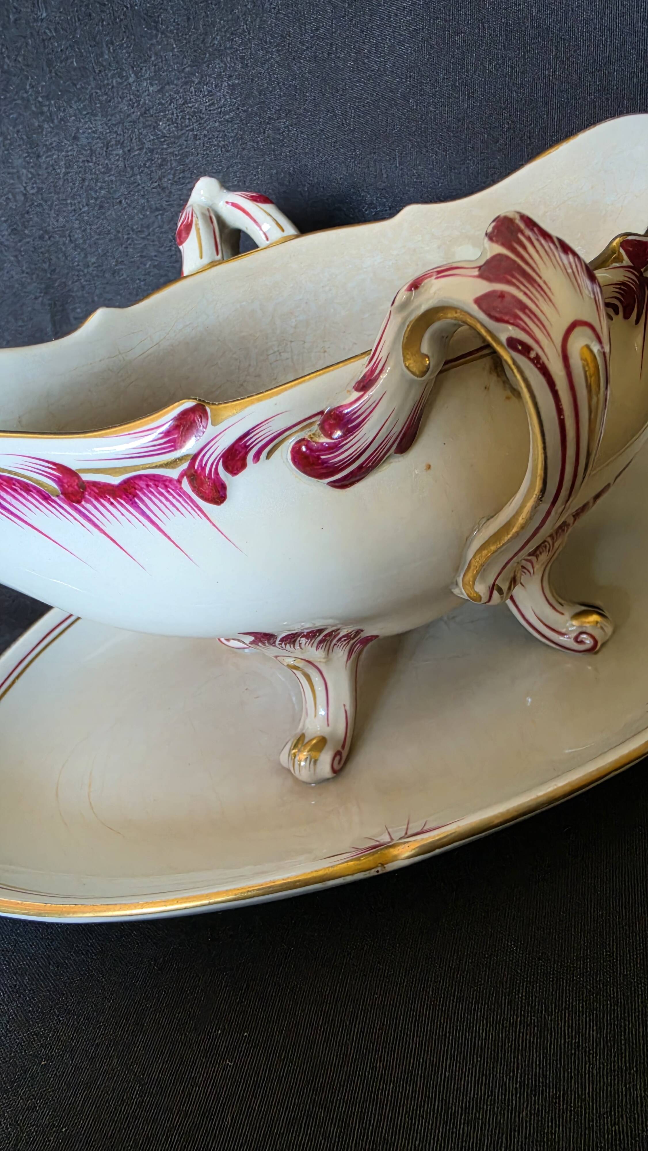 Antique sauce boat in fine earthenware from Sarreguemines, France, neo style.