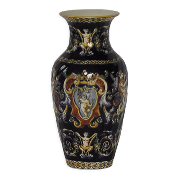 Gien earthenware vase on XX century blue background