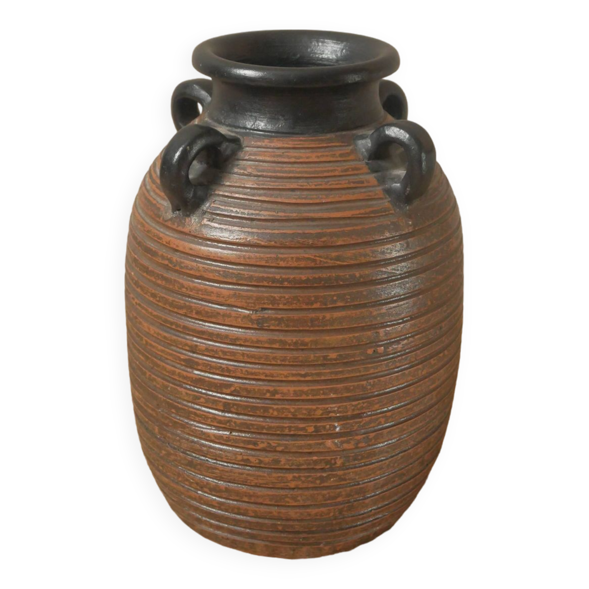 Vase with handles in vintage ceramic handmade pottery tribal ethnic decoration