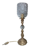 Lampe pied laiton et boule de verre, globe en verre ciselé vintage