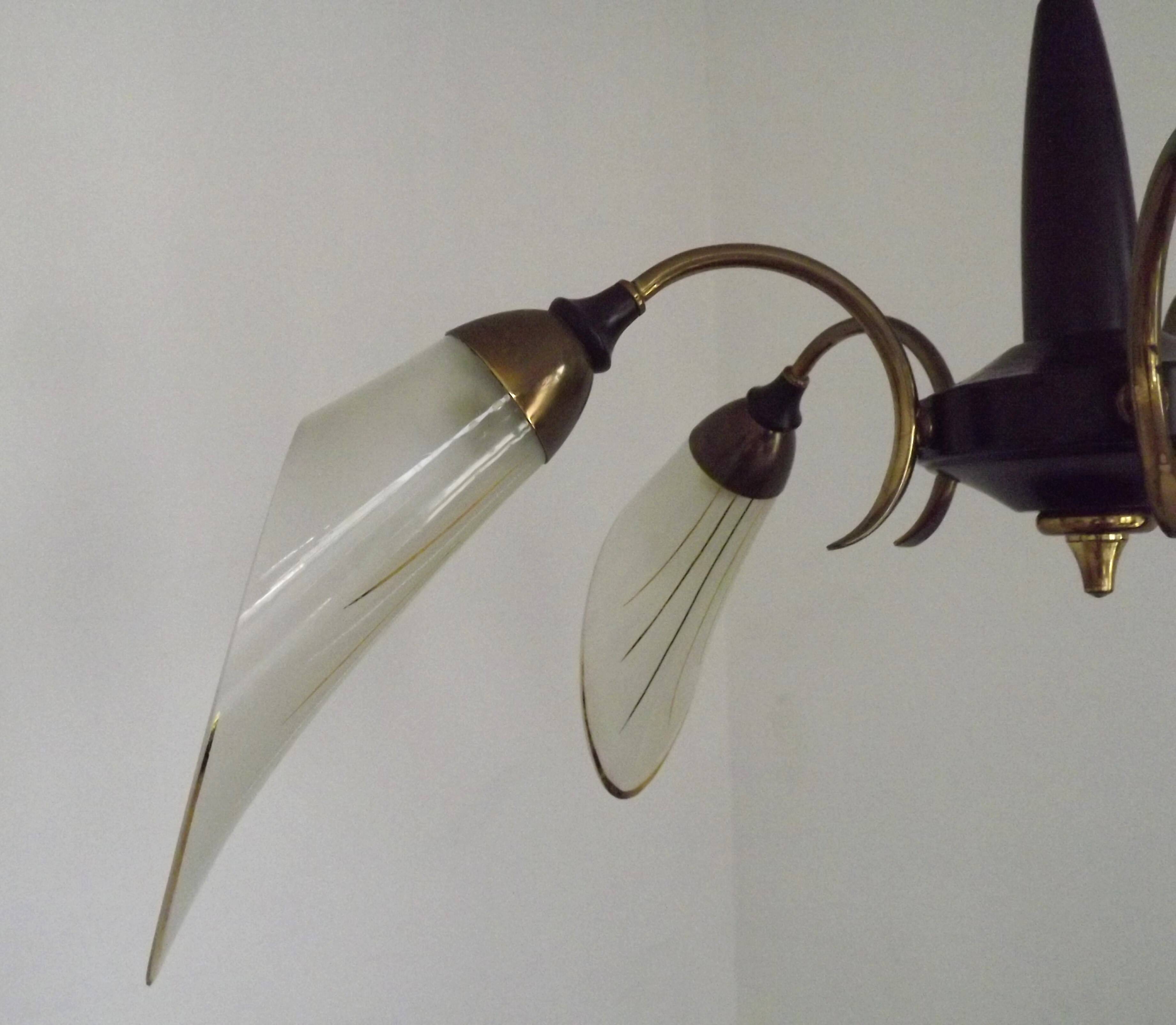 French Vintage Retro Mid Century Black & Gold 5 Arm Chandelier with Glass Shades 5080