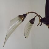 French Vintage Retro Mid Century Black & Gold 5 Arm Chandelier with Glass Shades 5080