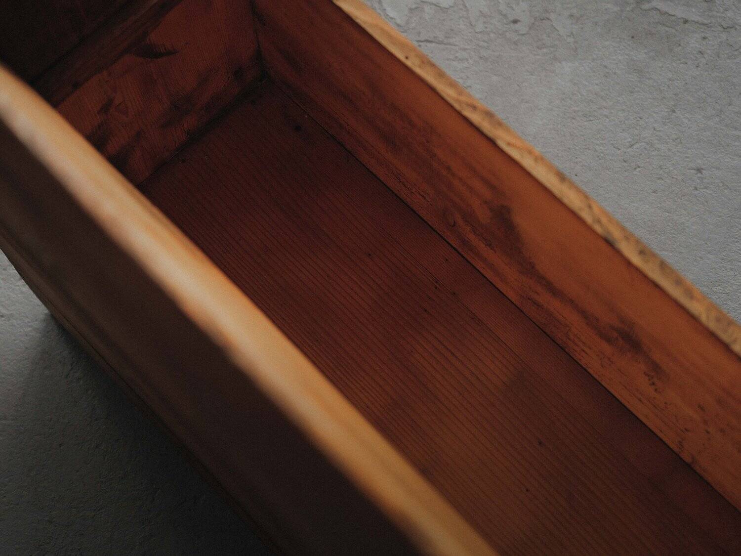 Larch and solid pine storage bench, Folk Art, Savoy, 1950