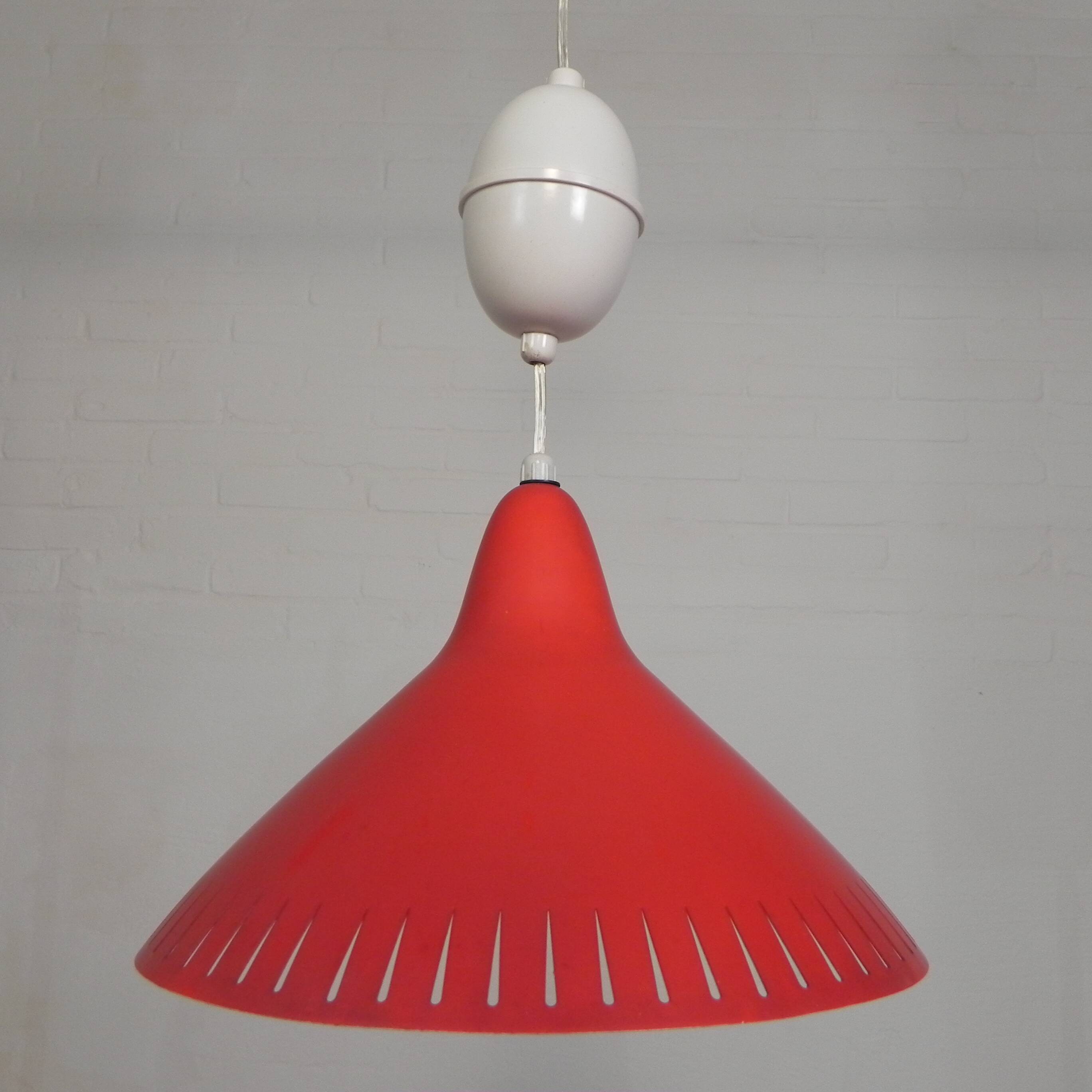 Hala suspension by H. Busquet with red shade and winding system, 1950s.