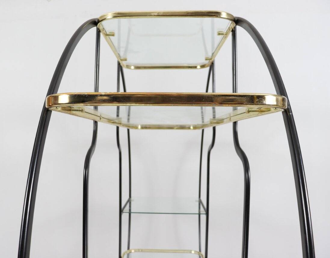 Sculptural Circular Étagère in Blackened Steel, Gold-Plated Metal and Glass