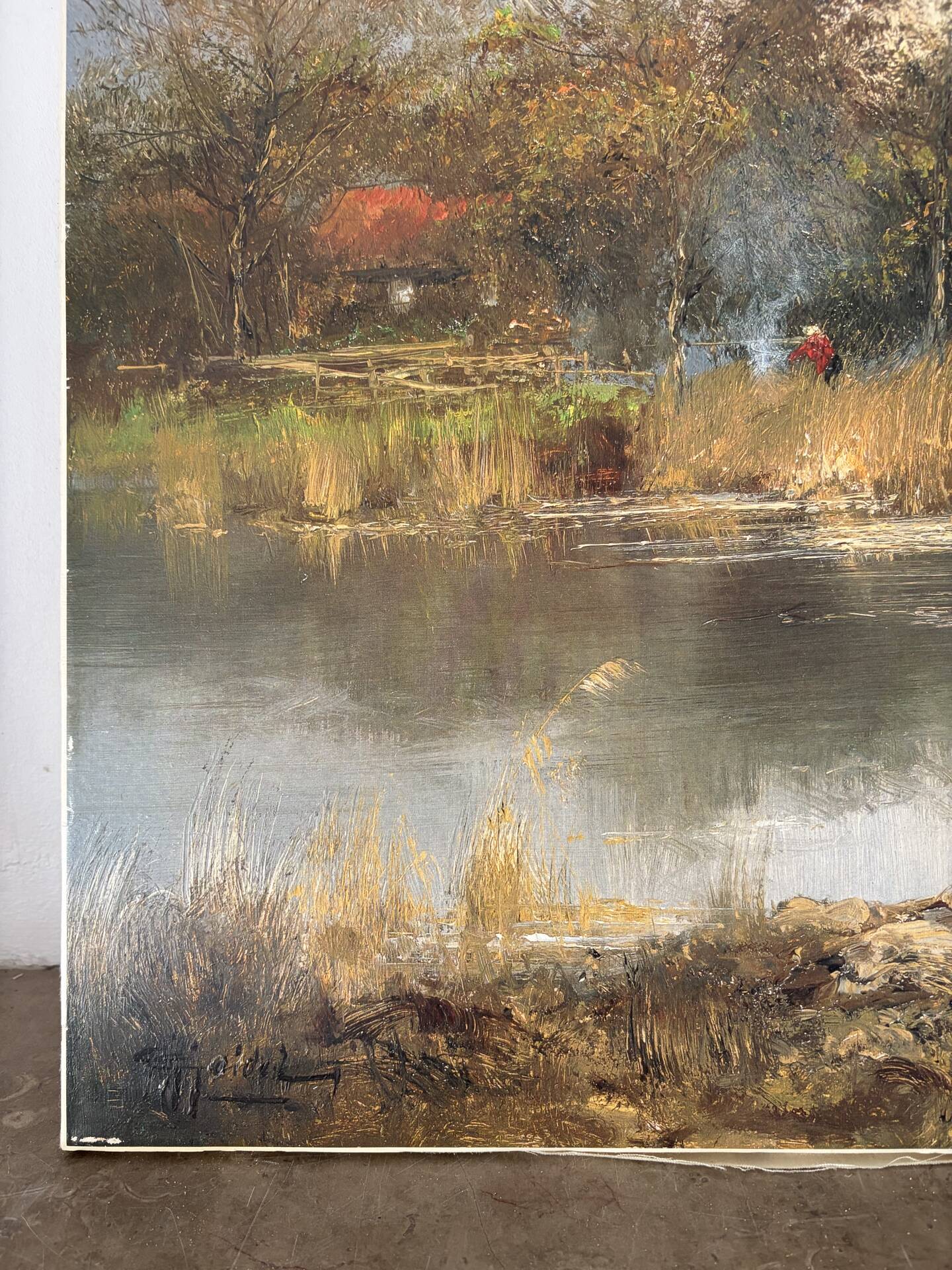 Village by the water, oil on paper signed