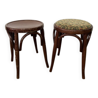 Pair of low stools in curved wood, vintage "Thonet" style