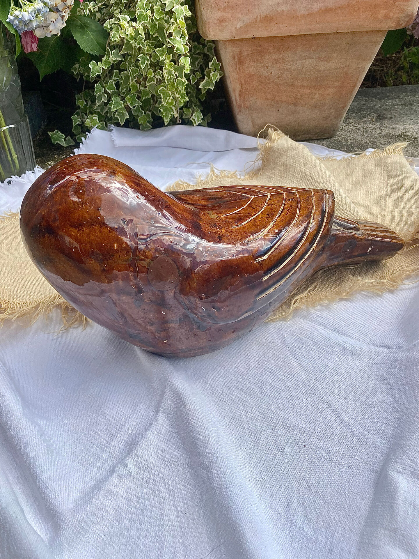 Large glazed ceramic owl sculpture signed