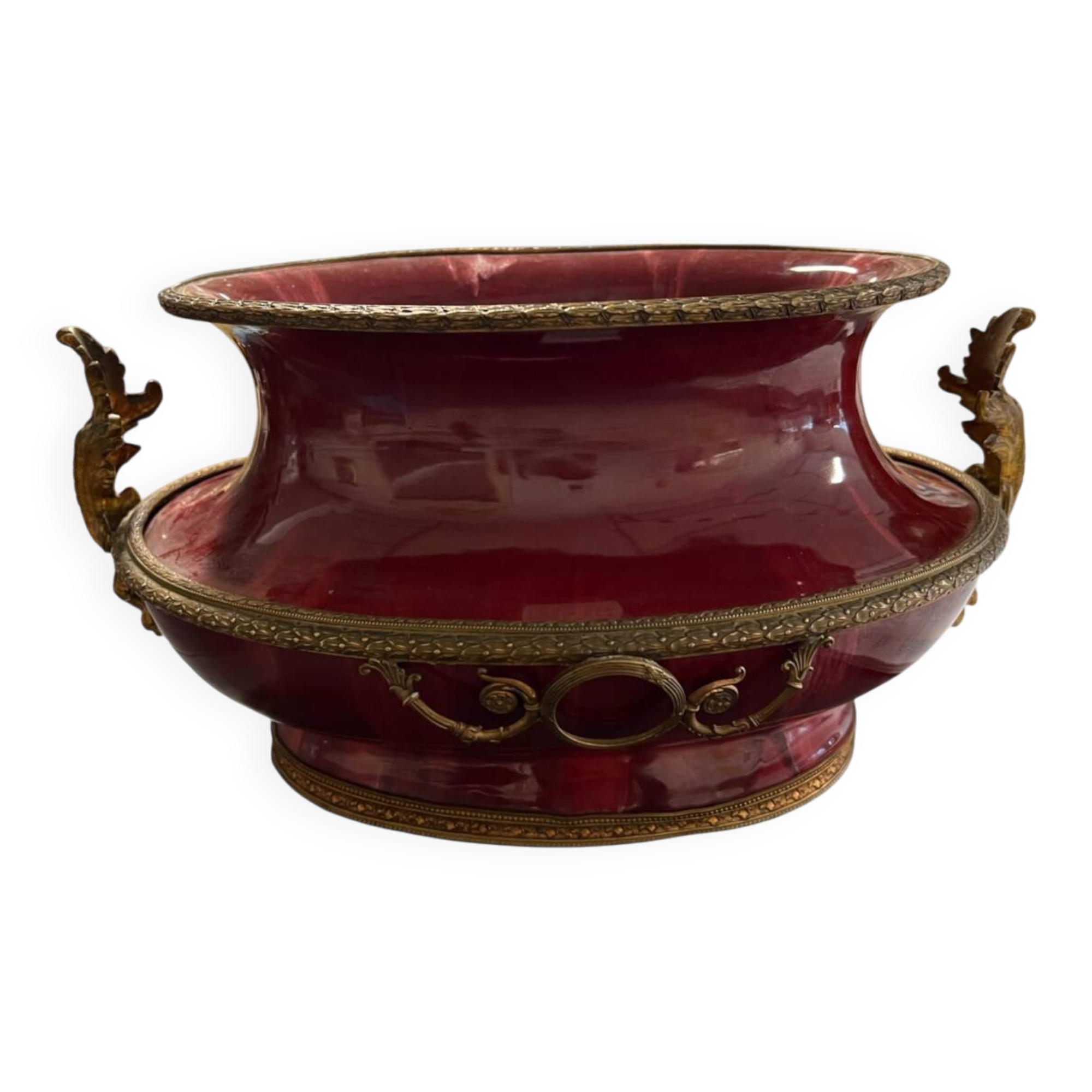 Grande jardinière ovale en céramique rouge “sang-de-bœuf”