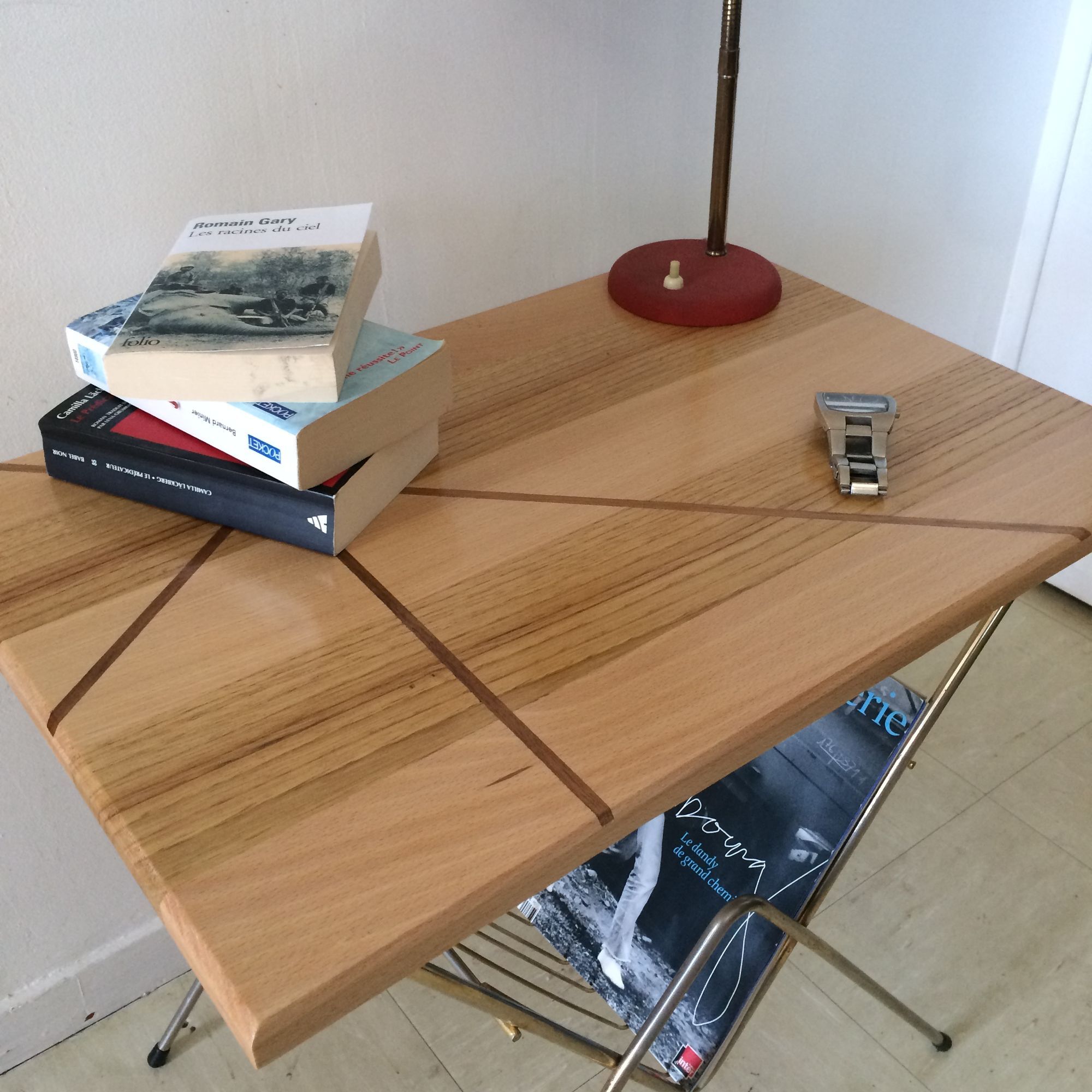Vintage gilded metal side table with magazines/vinyl records and original wooden top