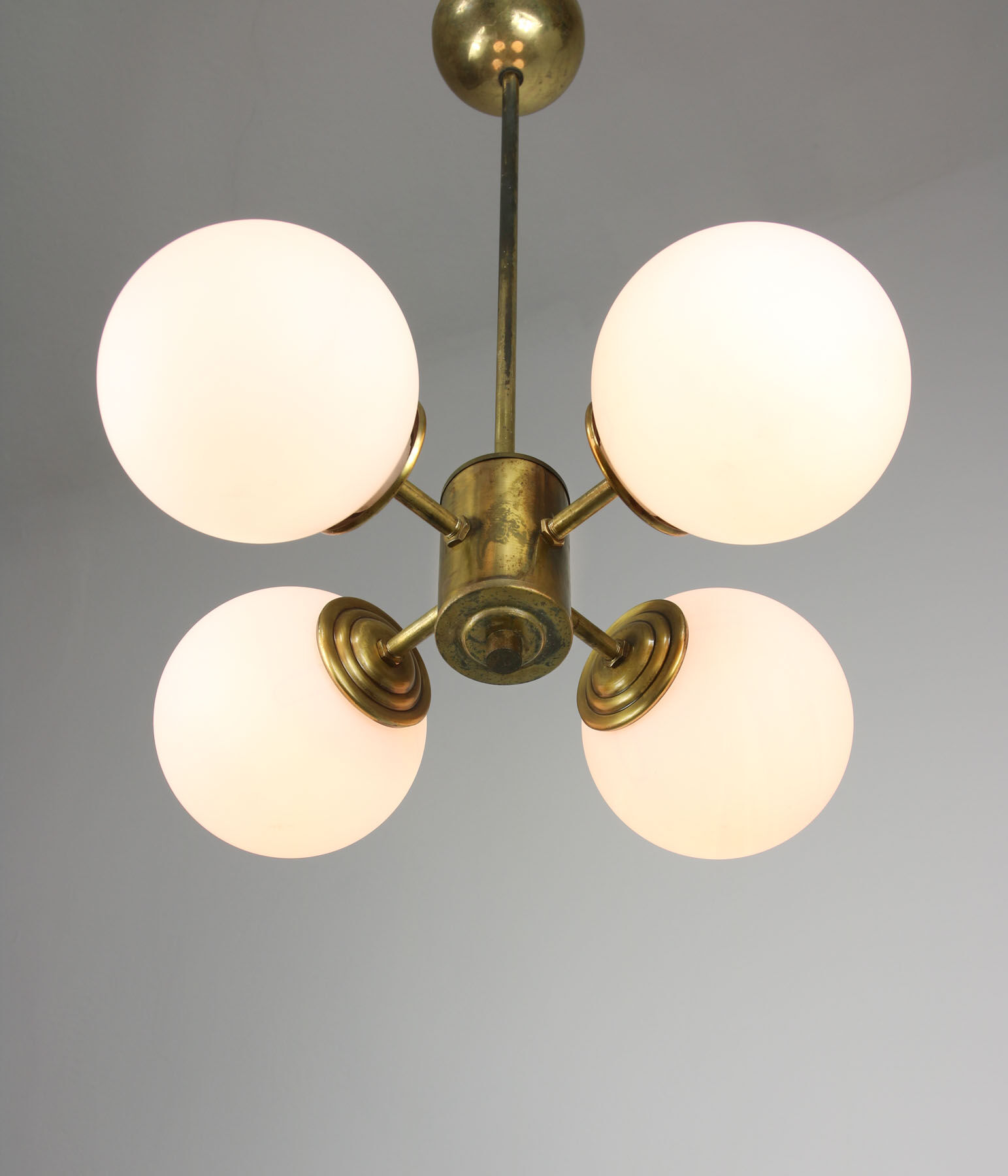 Mid-century Brass and Opaline Chandelier