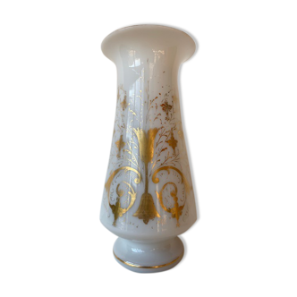 Vase opaline ancien Napoleon III dorure motif Fuchsia floral