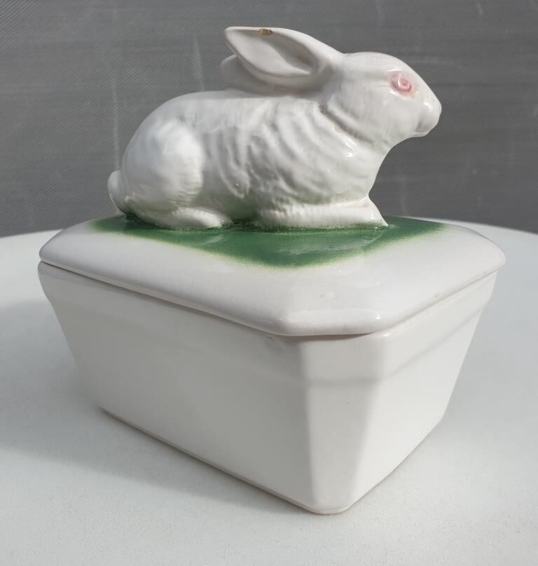 Pot terrine rabbit of Bavent in white earthenware on square of greenery