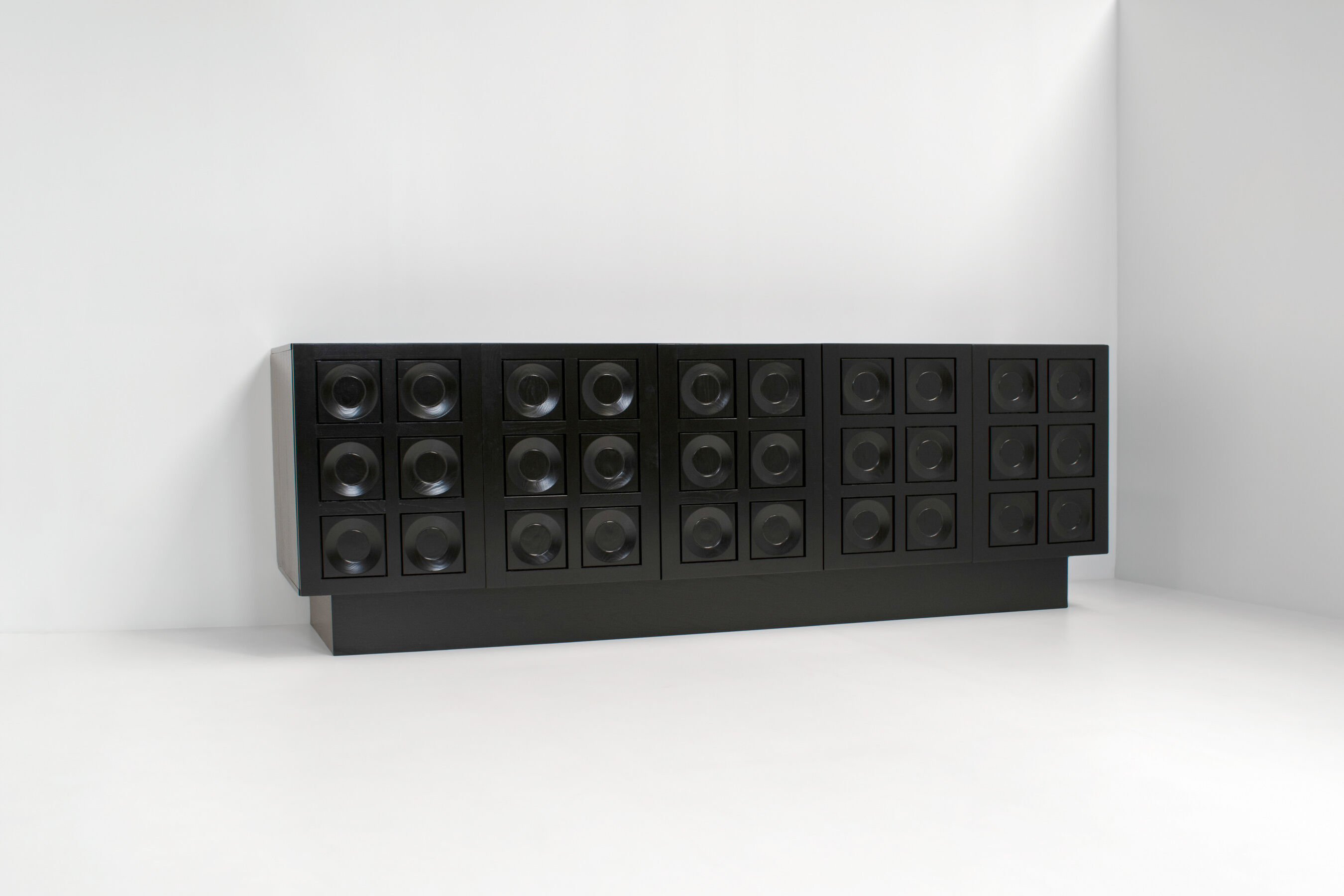 Black brutalist sideboard with graphic patterned doors, belgium 1970s