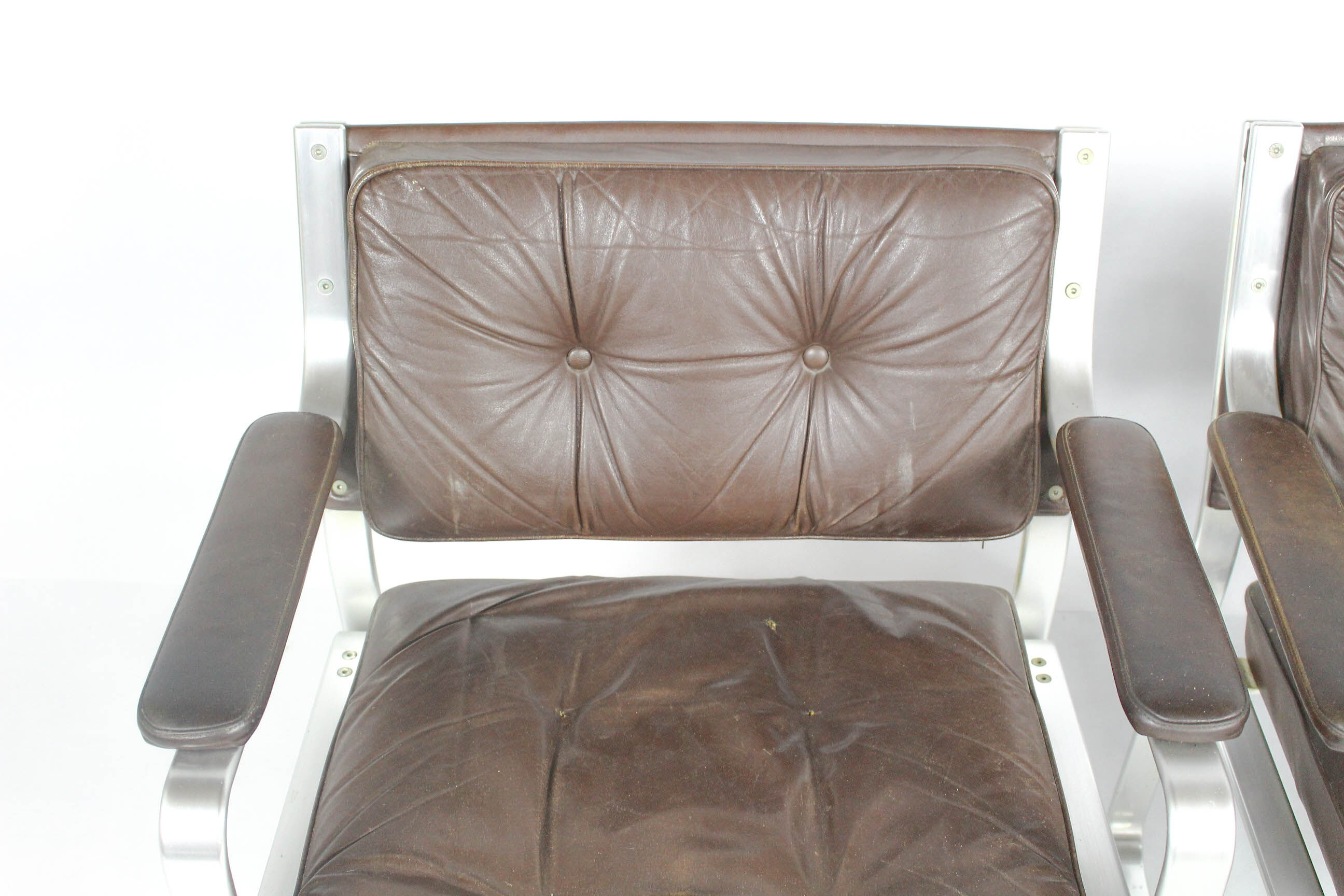 Swedish Mid Century Leather And Aluminum Armchairs By Karl Erik Ekselius For Joc Vetlanda, Set Of 4