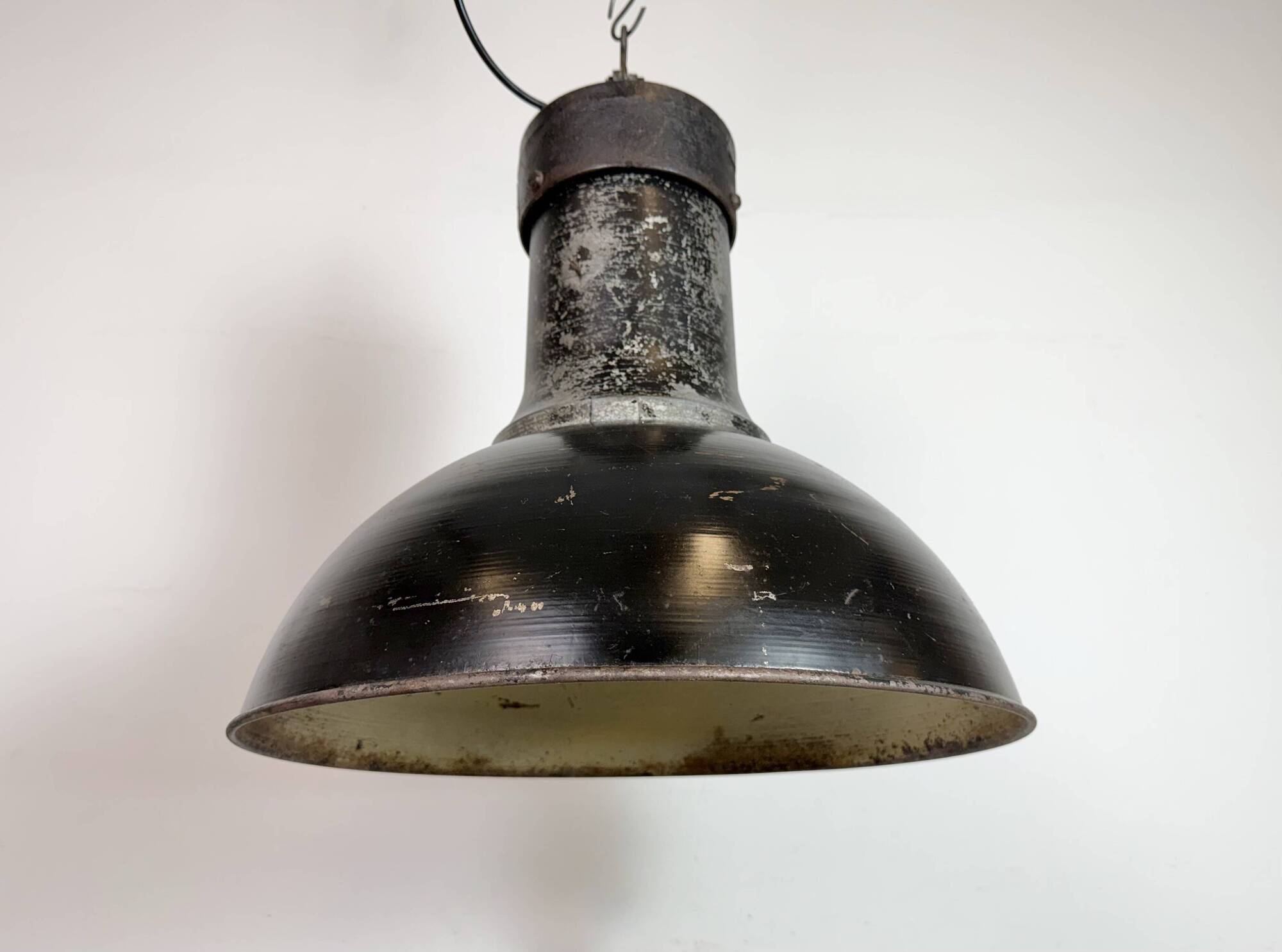 Large Industrial Factory Black Pendant Lamp with Cast Iron Top, 1950s