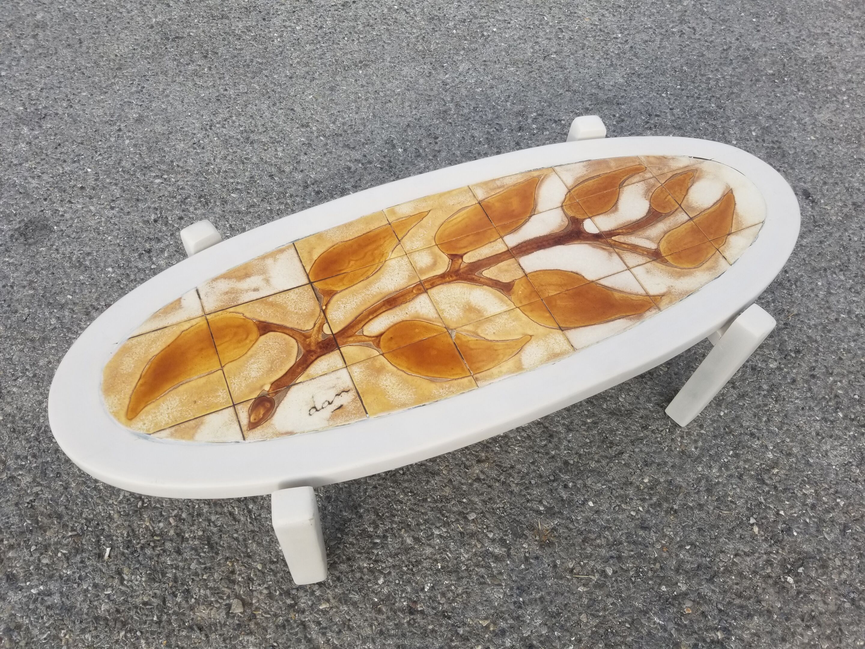 Vintage oval wooden and ceramic coffee table signed Dan - Vallauris