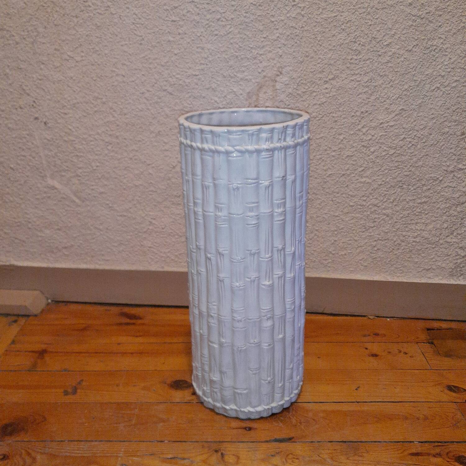 Porte-parapluie vintage italien en céramique blanche style bambou