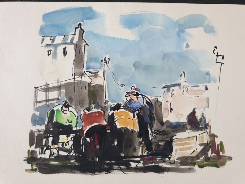 Aquarelle sur papier "Village de pécheurs", André Duculty (1912-1990)