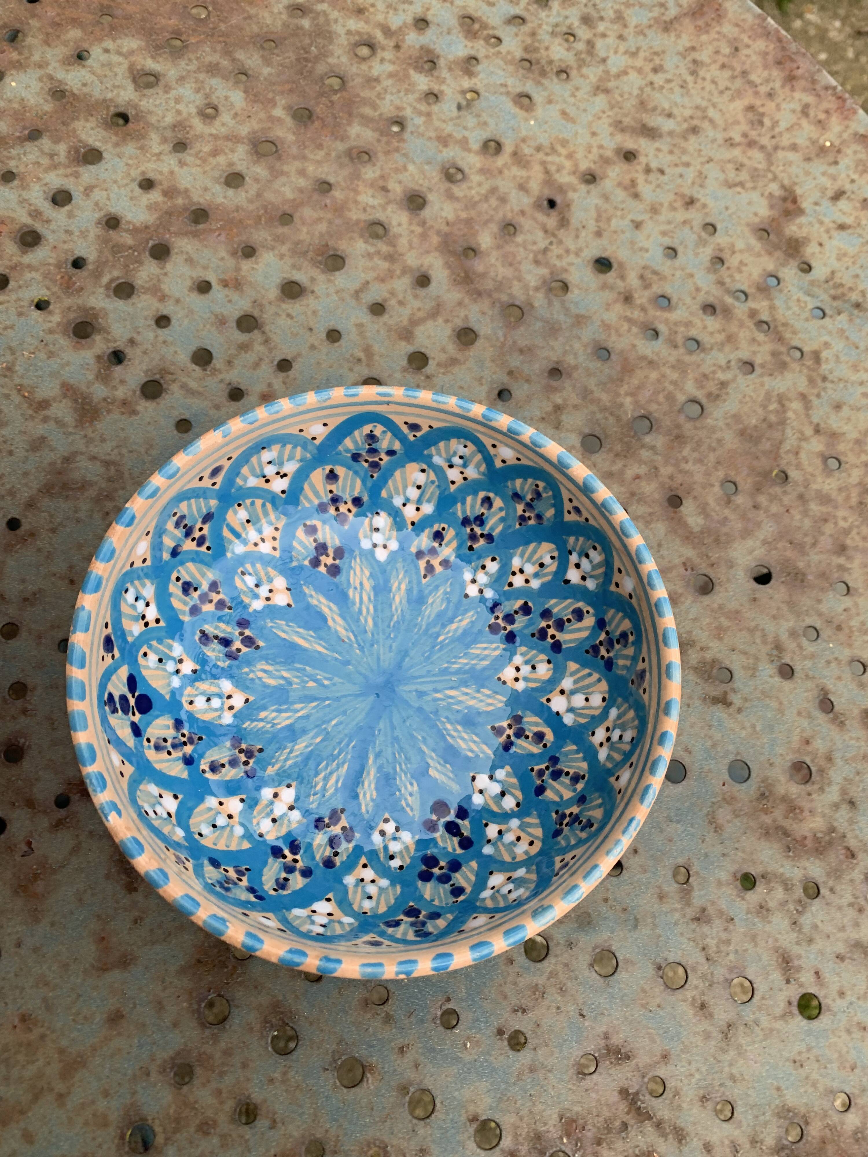 Two bowls, enameled ceramic cups, red and blue, artisanal, hand painted made in Italy