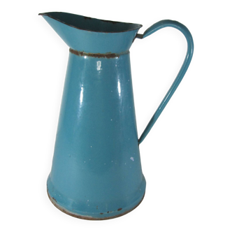 Ancien pichet broc émaillé turquoise H: 35cm