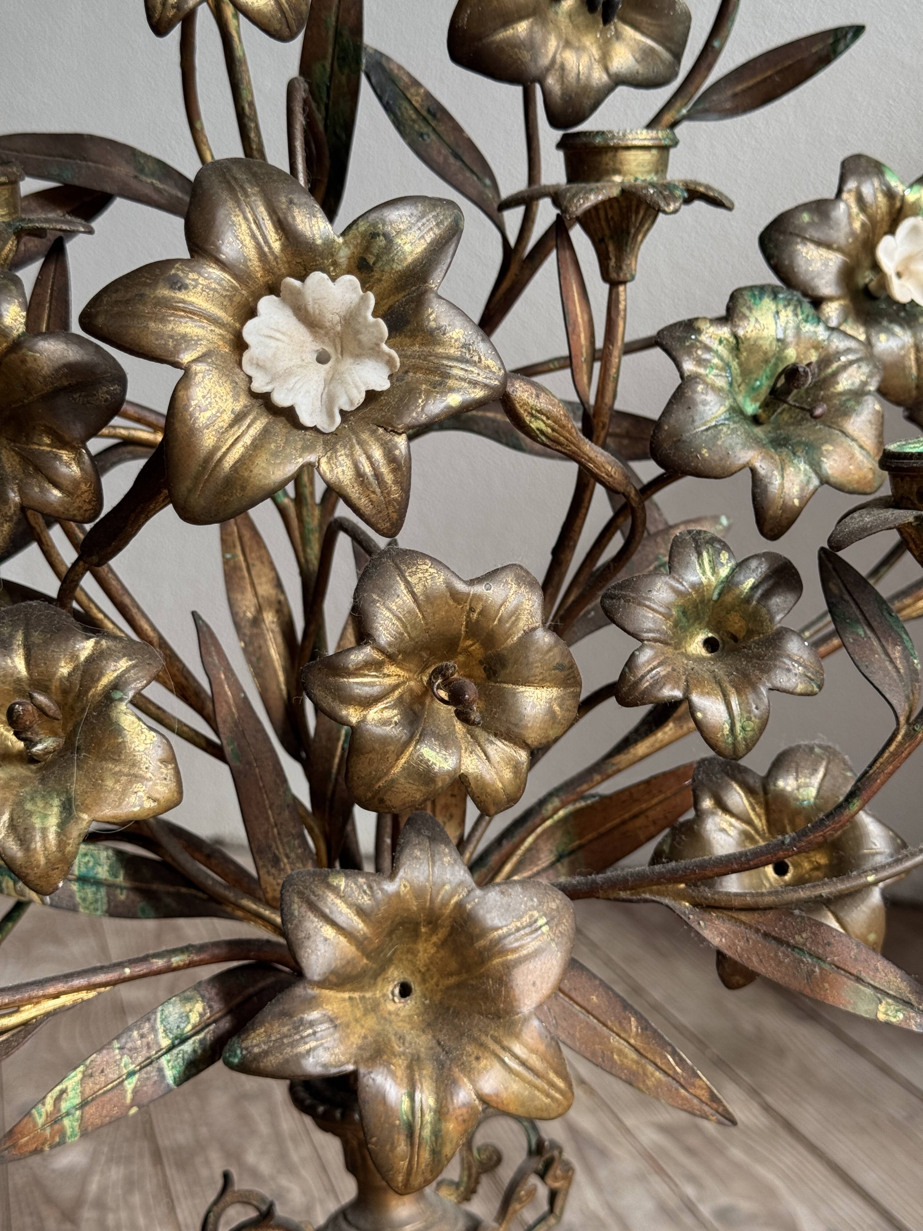 Pair of large 9-light altar candelabra, 19th century, in bronze and brass