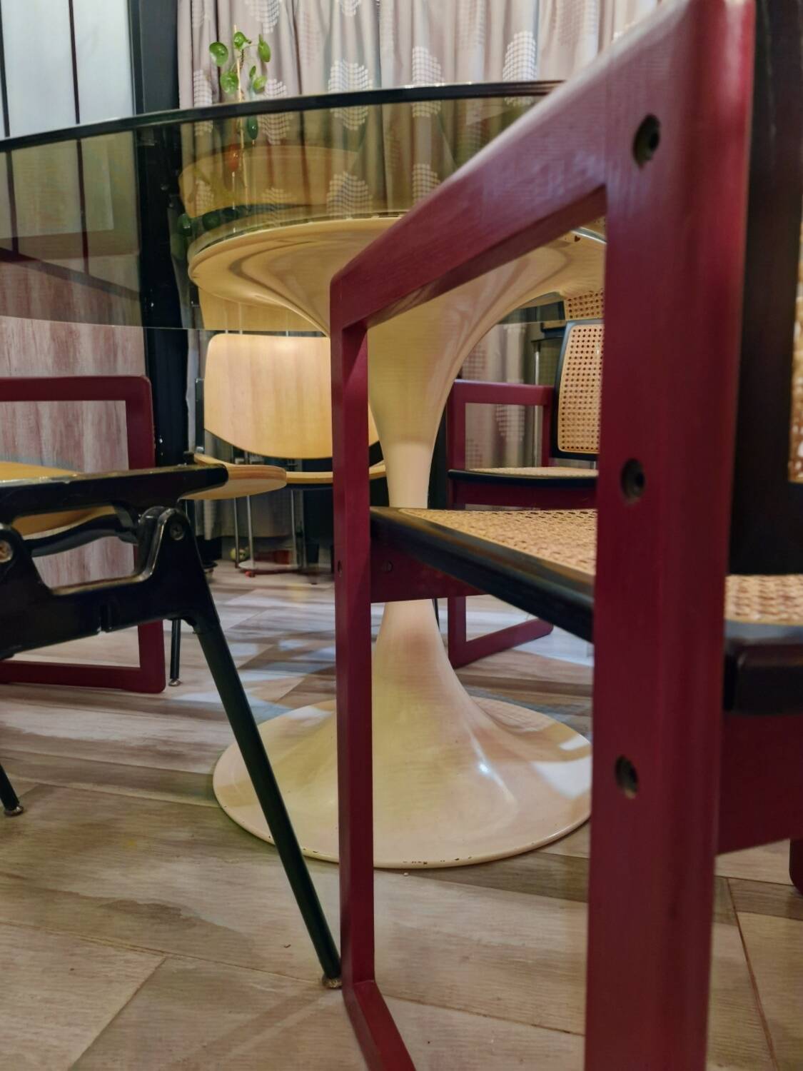 Pascal Mourgue rare set of 3 caned sleigh armchairs in lacquered wood for vintage 80s triconfort