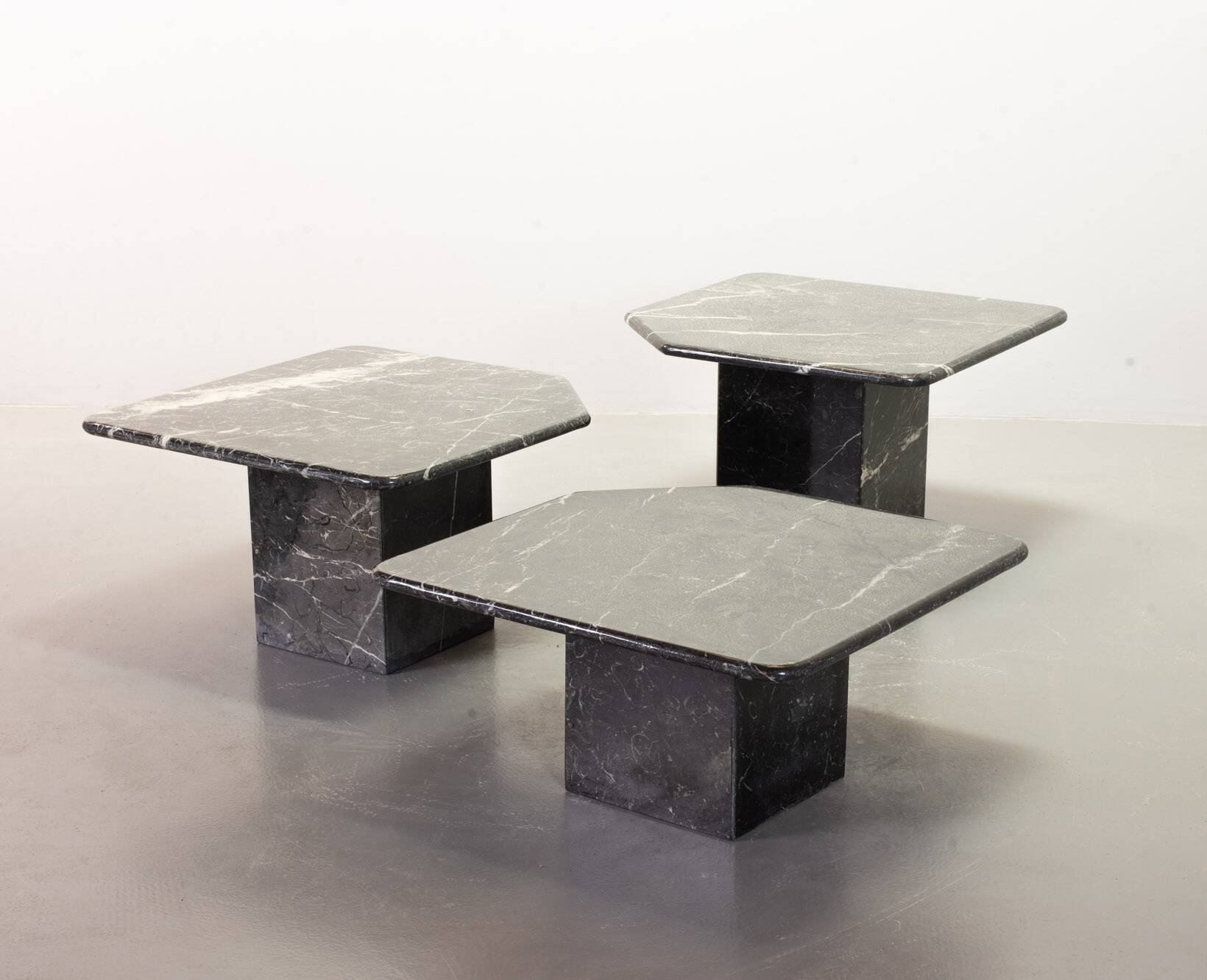 Italian Trio of Black Carrara Marble Side Tables with Oblique Angle, 1970s.