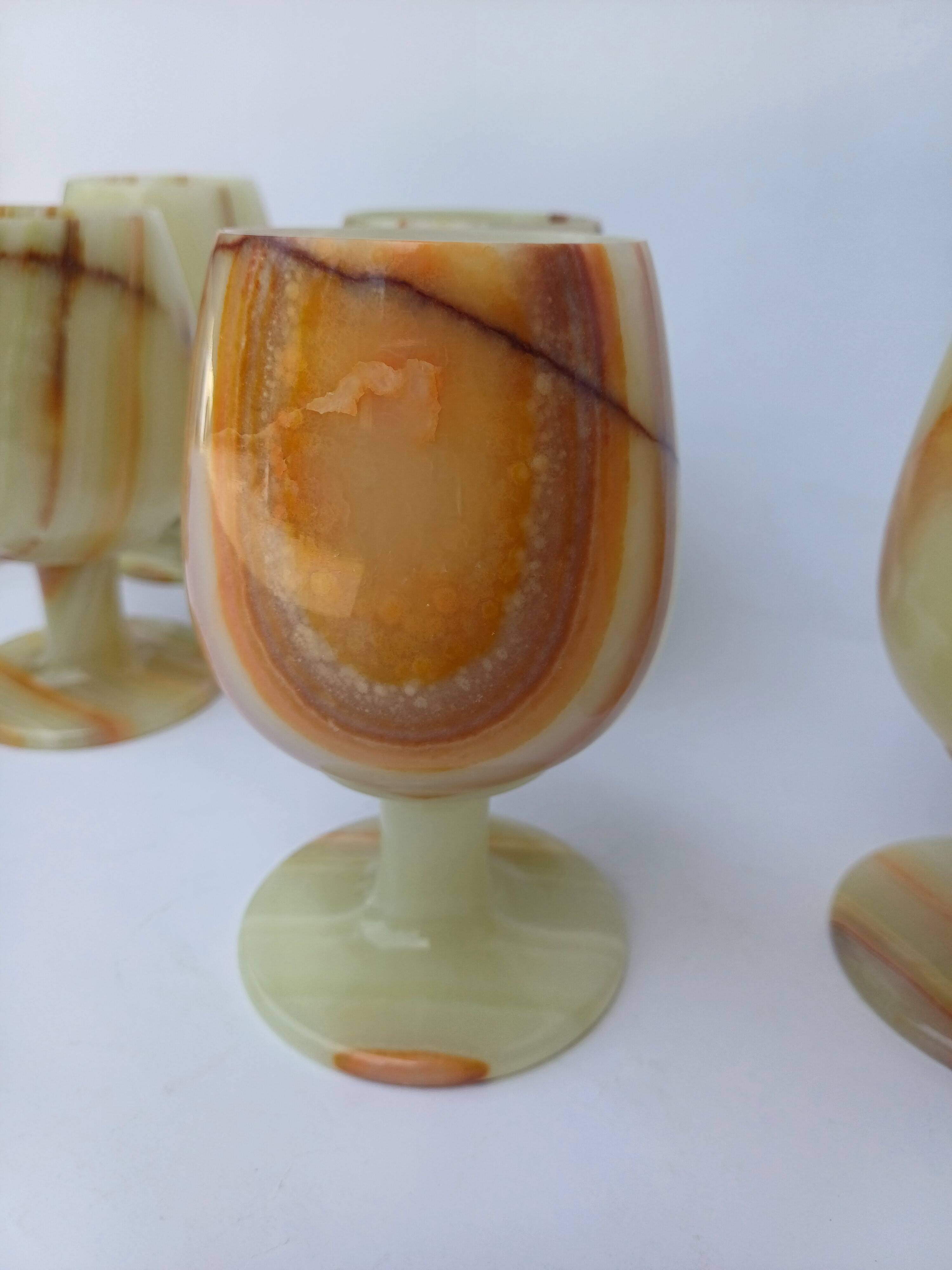 set of 6 green alabaster stone wine goblet stemmed glasses