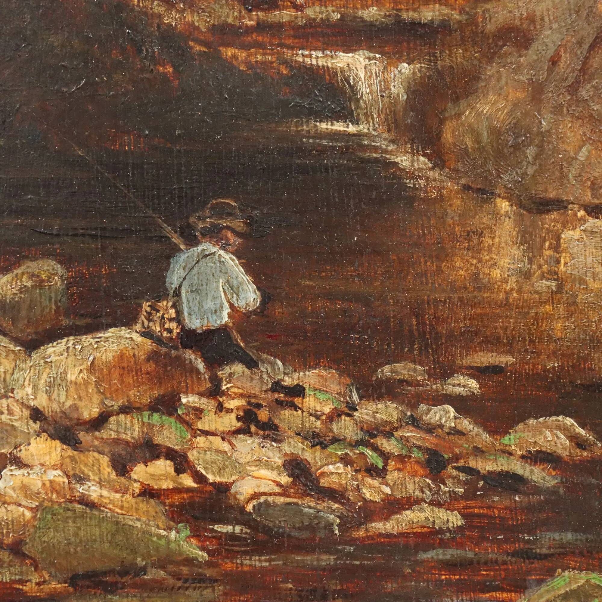 Old painting "Glimpse of a Landscape" oil on hardboard 1887