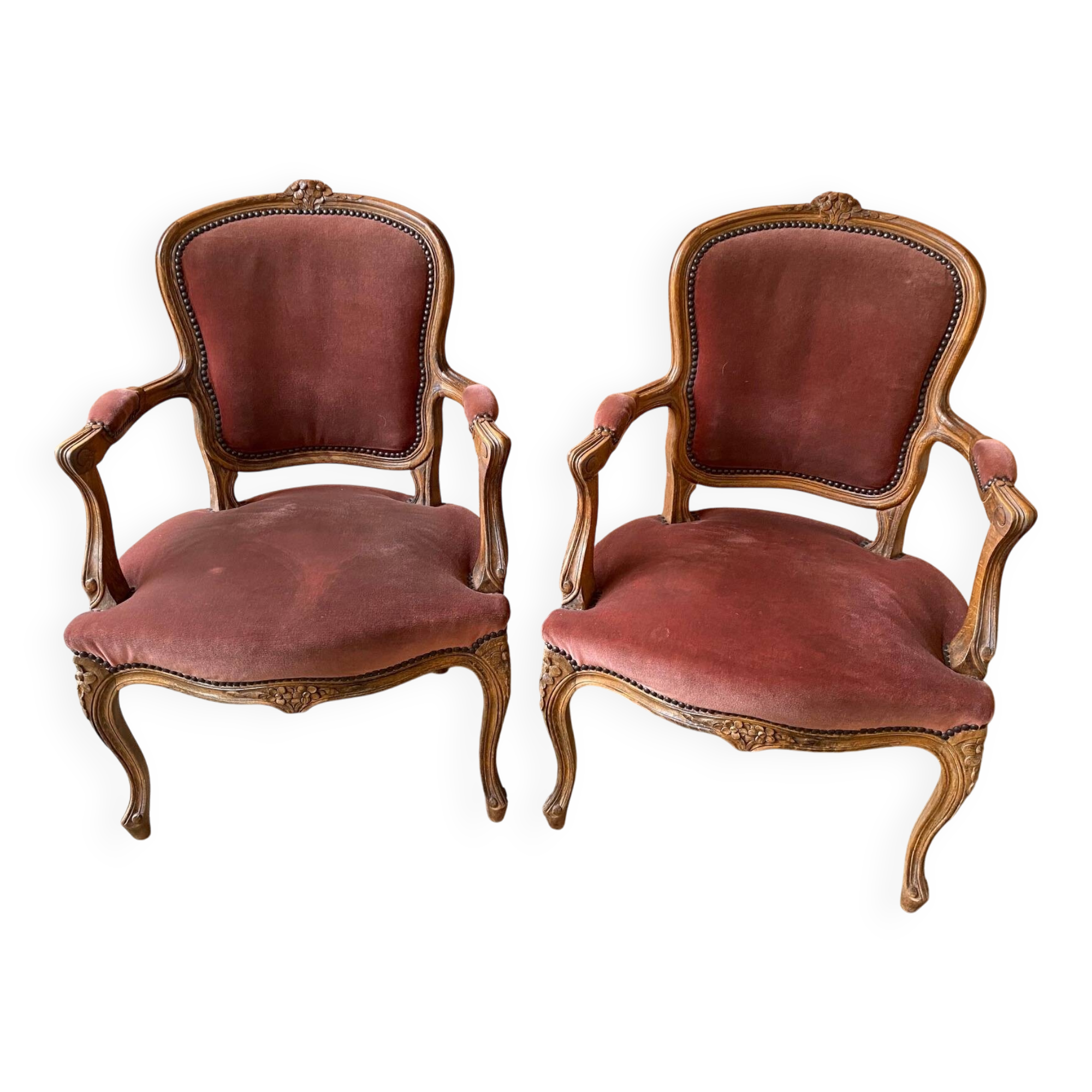 Pair of louis xv style bergeres armchairs with pink velvet armrests