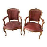 Pair of louis xv style bergeres armchairs with pink velvet armrests
