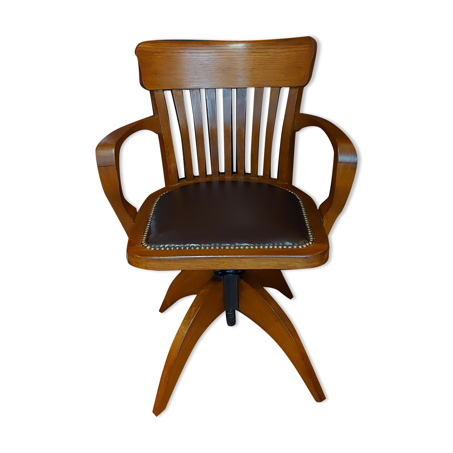 American armchair solid oak and swivel and tilting leather early twentieth fully restored