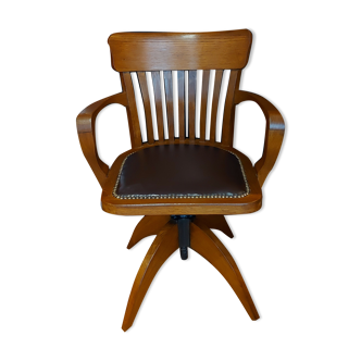American armchair solid oak and swivel and tilting leather early twentieth fully restored