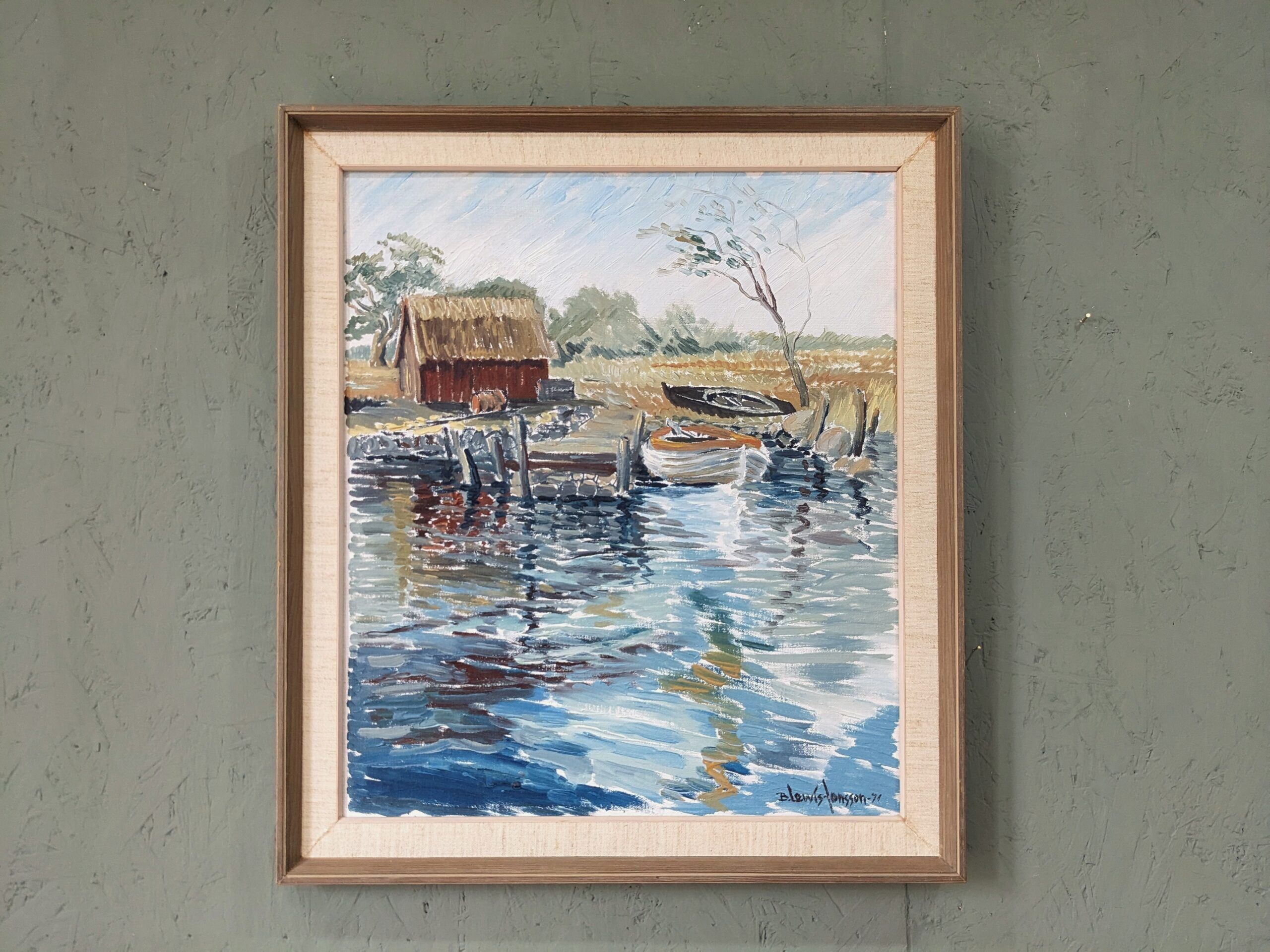 1971 Mid-Century Modern "Boathouse", Vintage Swedish Framed Oil Painting