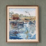 1971 Mid-Century Modern "Boathouse", Vintage Swedish Framed Oil Painting