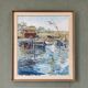 1971 « hangar à bateaux » moderne, peinture à l’huile suédoise vintage encadrée