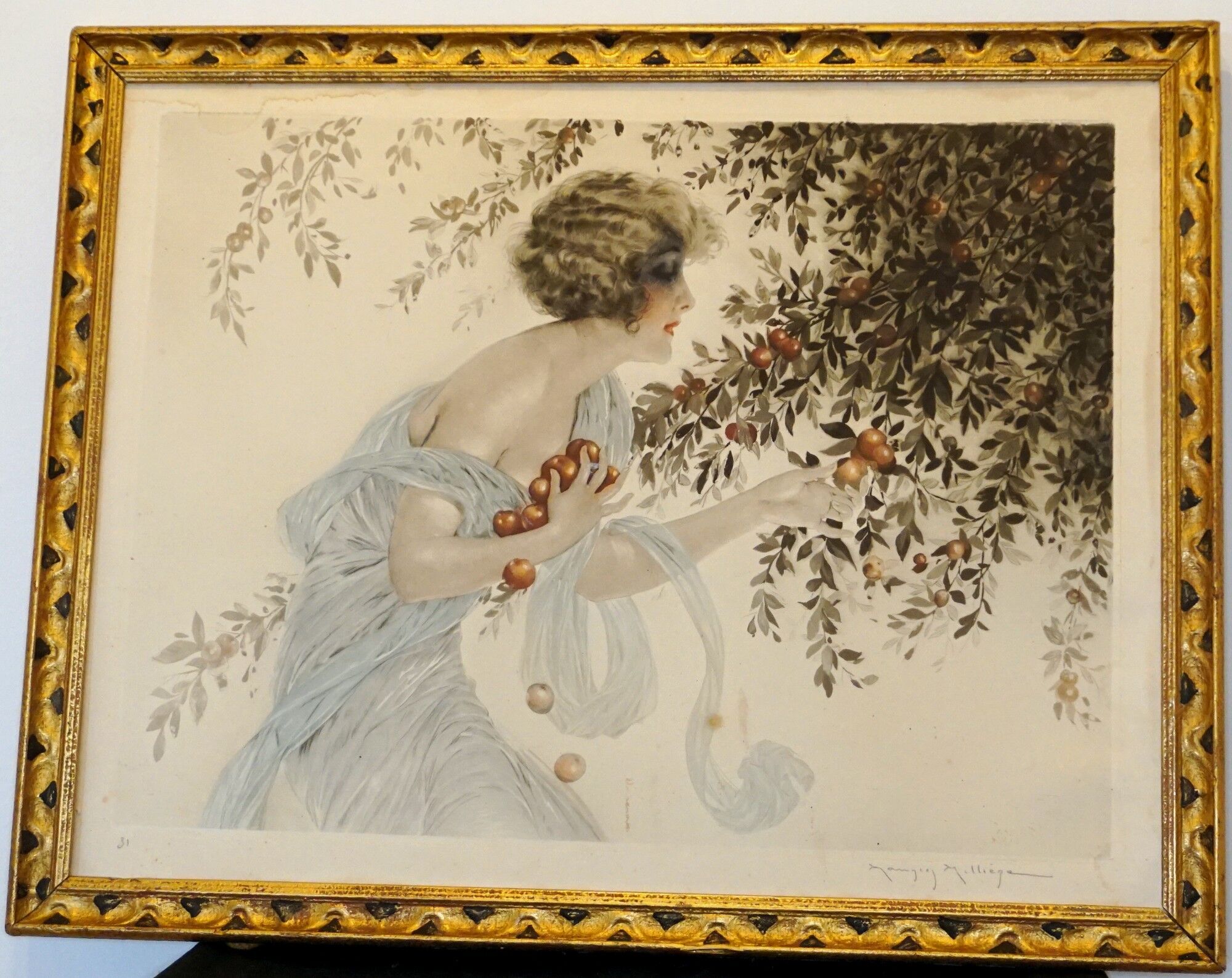Maurice Milliere, La cueillette, etching colors framed art deco