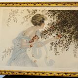 Tableau Maurice Milliere, La cueillette, eau-forte couleurs encadrée art deco