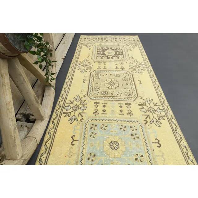 1970s Turkish Oushak Handmade Wool Cotton Yellow Runner 86x335
