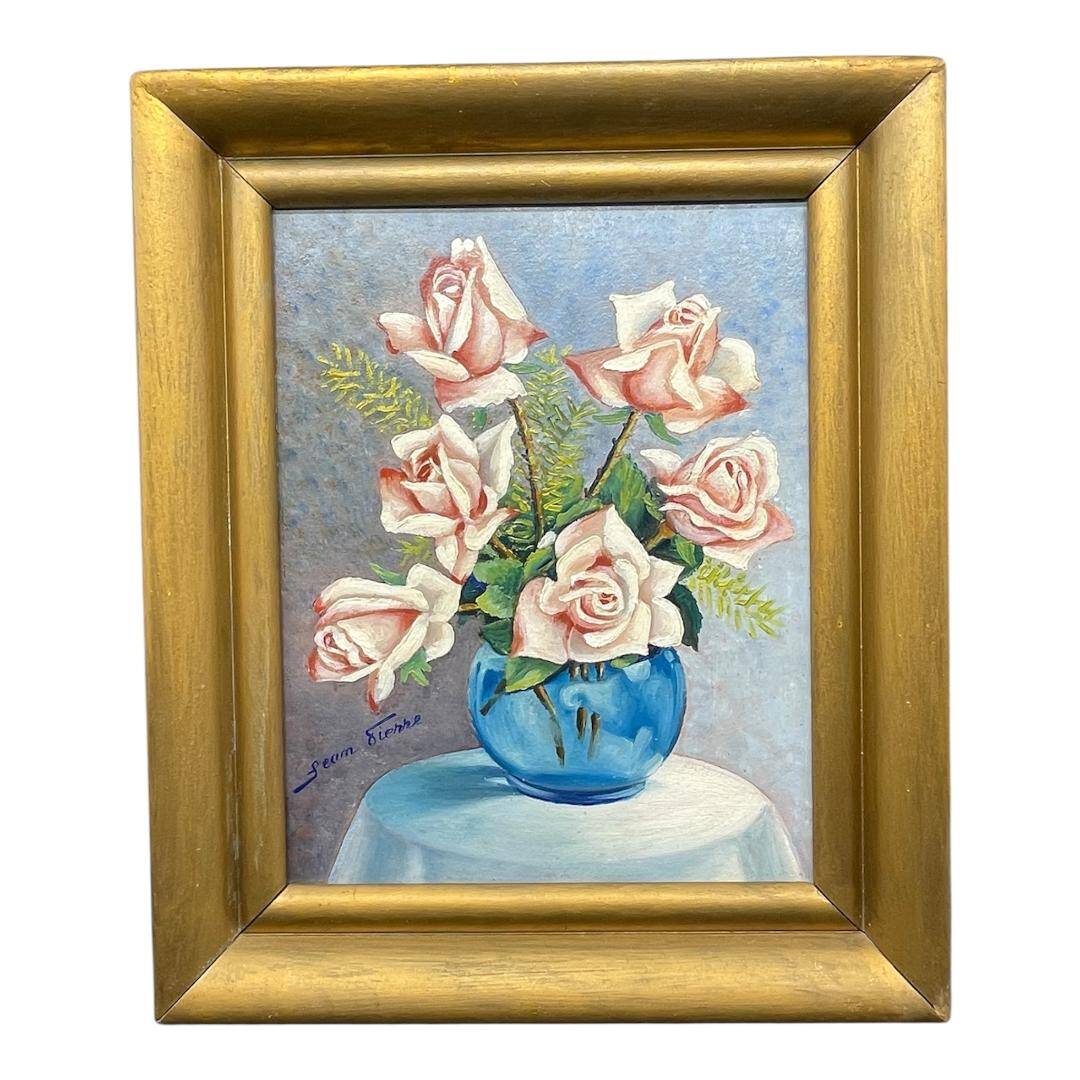 Still life with roses – Signed oil, blue vase, vintage gold frame