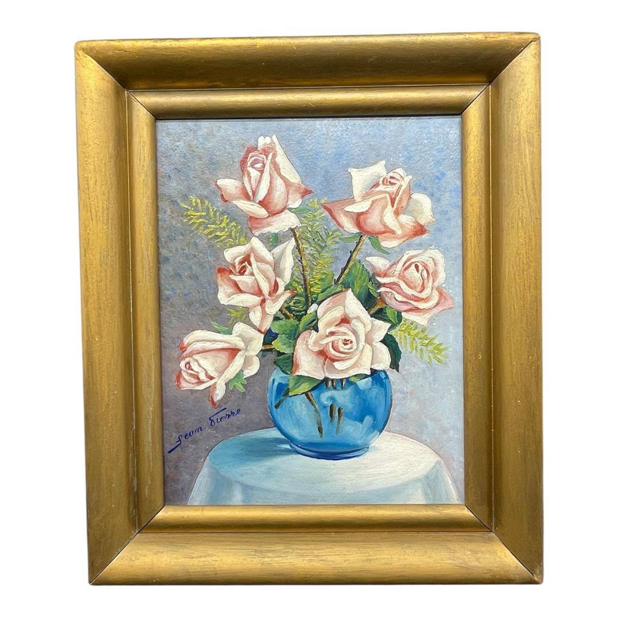 Still life with roses – Signed oil, blue vase, vintage gold frame