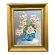 Still life with roses – Signed oil, blue vase, vintage gold frame